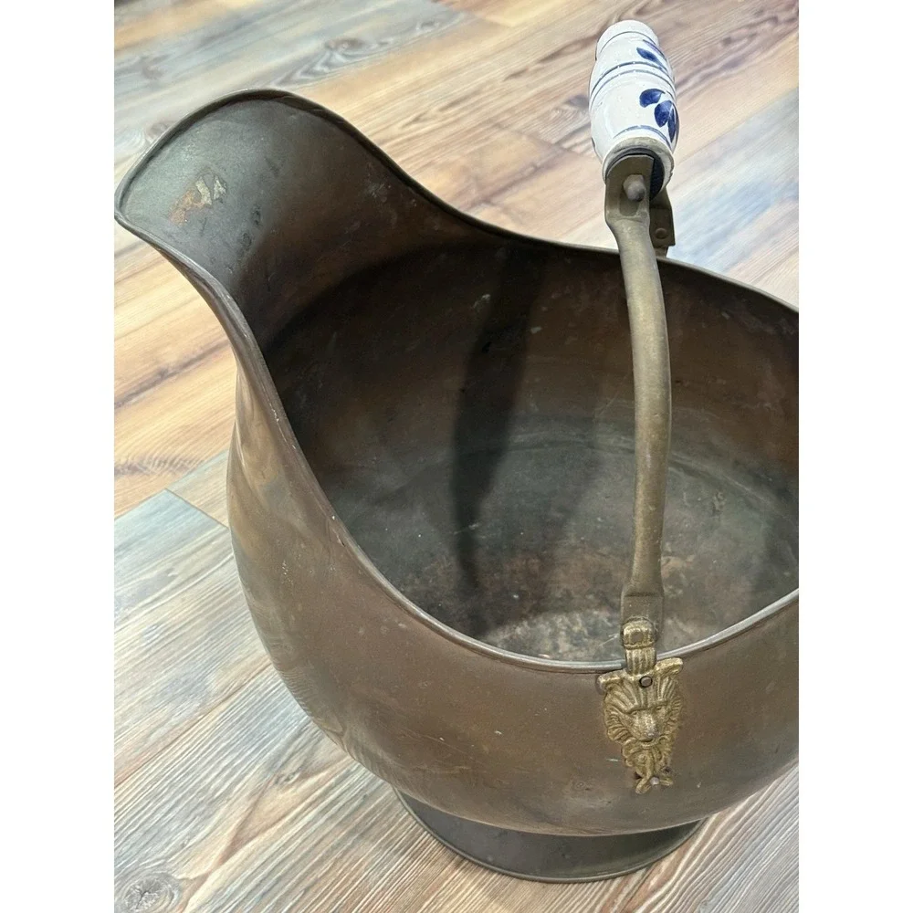 Vintage Copper Coal Scuttle/Bucket With Porcelain And Brass Accents